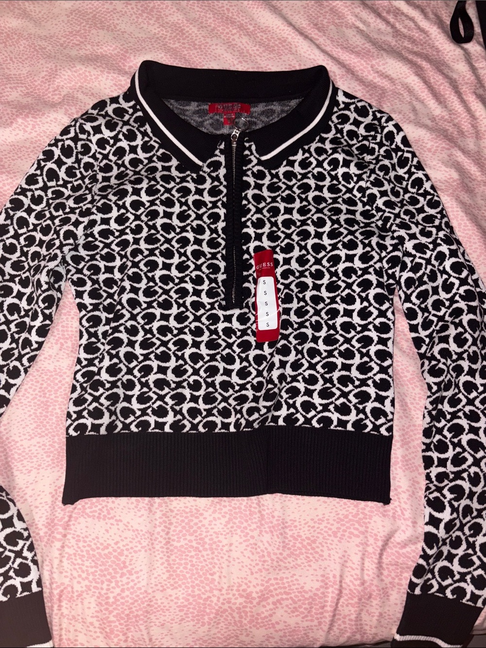 Guess Black & White Logo Zip Polo Sweater